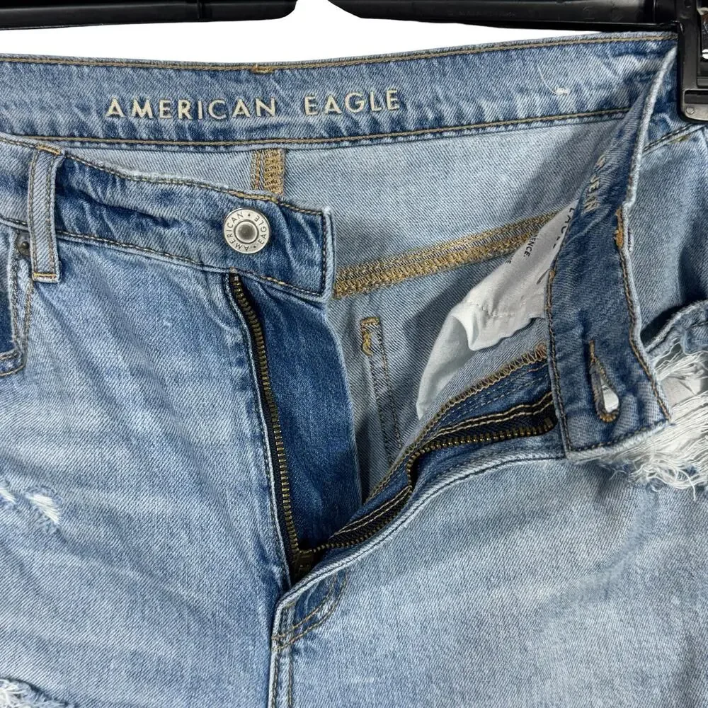 American Eagle SZ 10 Skater Jeans Wide-Leg Distressed Rips Zip-Fly Hi-Rise Blue - Picture 4 of 12